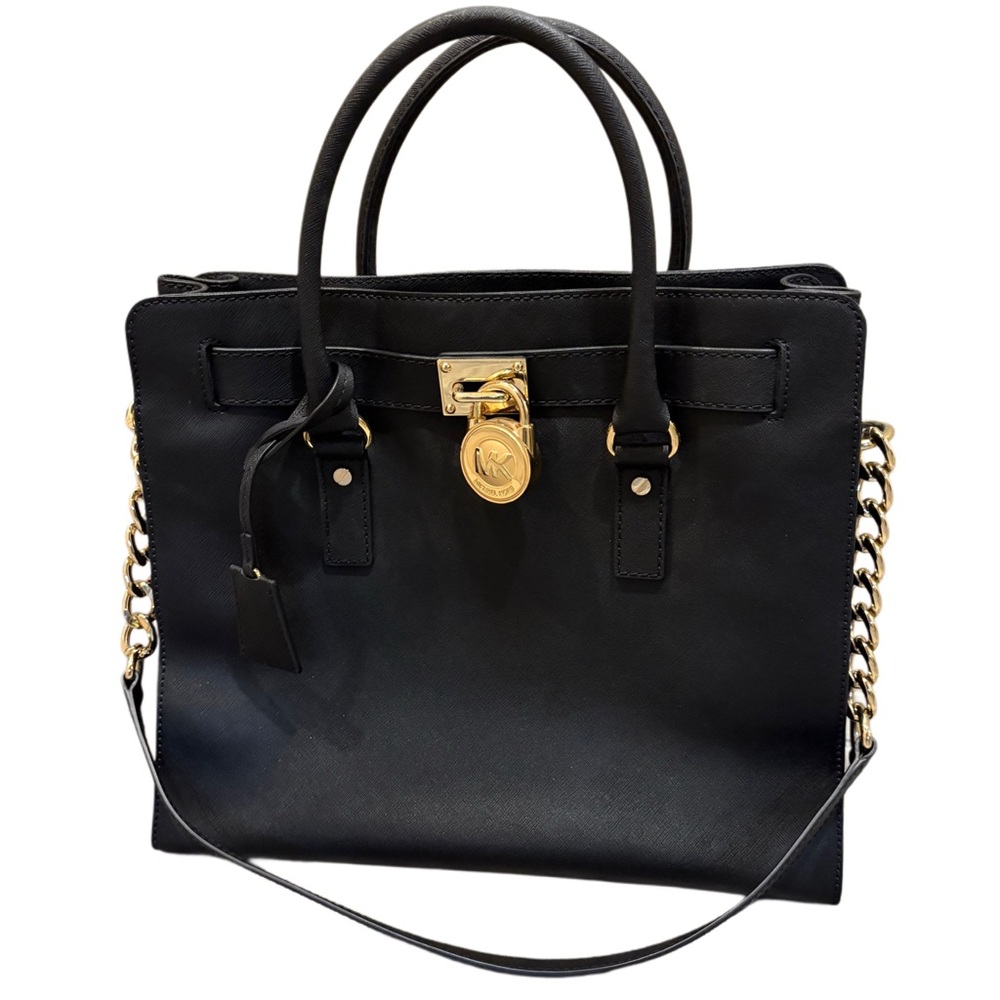 👜 Michael Kors Black Hamilton Large Satchel Gold Saffiano Leather EUC - Picture 3 of 12